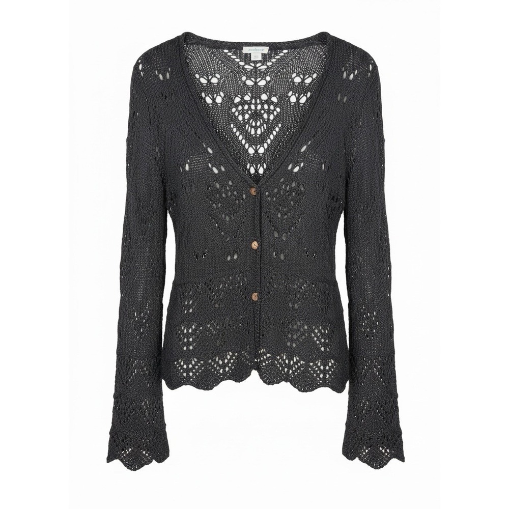 Sundance Size Small Black Crochet V-Neck Bell Sleeves Button  Cardigan Sweater